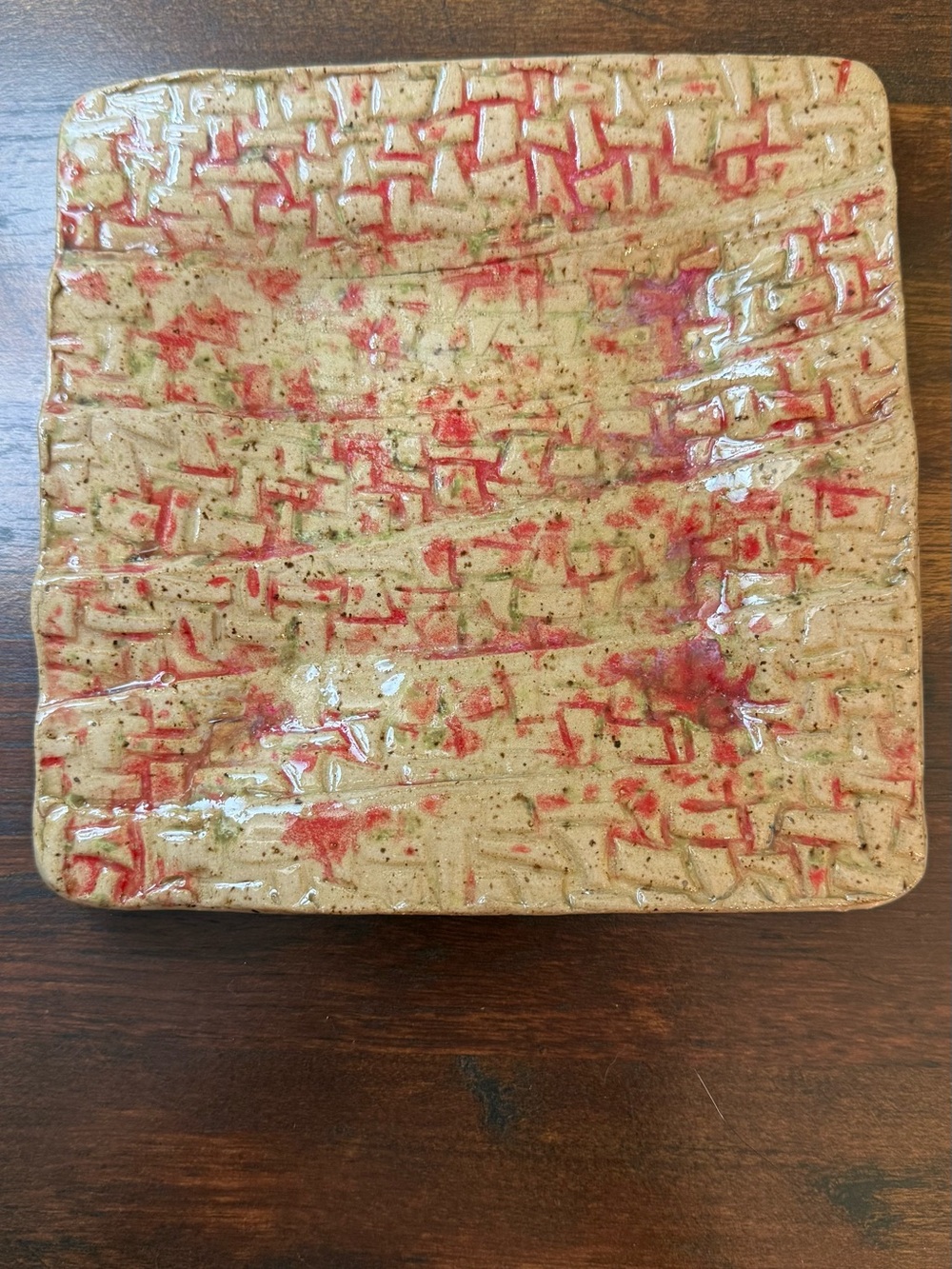 Speckled Ceramic Square Serving Platter with Red and Olive Accents